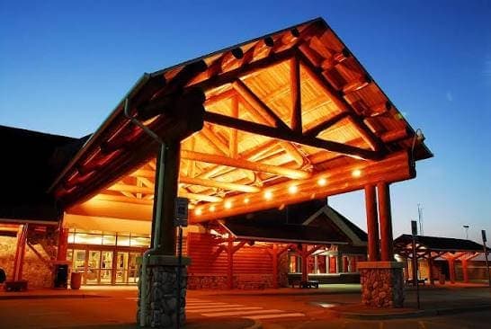 Pellston Regional Airport terminal at dusk